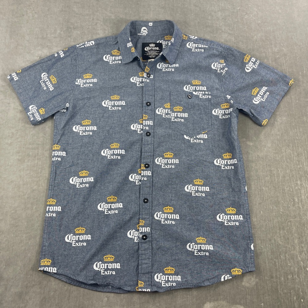 Corona Mens Medium Blue Button Up Shirt‎ All Over Print Logo Short Sleeve